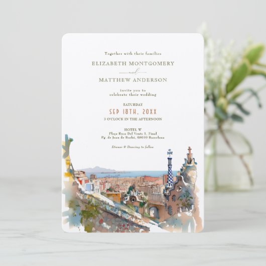Waterverf Barcelona Park Guell Wedding Invitation Kaart (Staand voorkant)