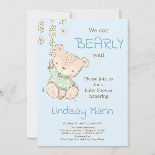 Waterverf Barly Wait Teddy Bear Garland Invitati Kaart (Voorkant)