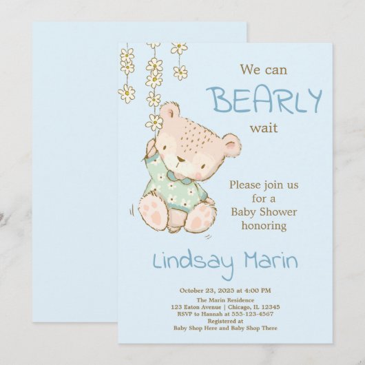 Waterverf Barly Wait Teddy Bear Garland Invitati Kaart (Voorkant / Achterkant)