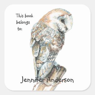 Waterverf Barn Owl Bird art Custom Bookplate Vierkante Sticker