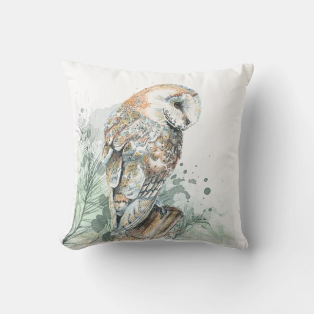 Waterverf Barn Owl Bird Wildlife Natuur Art Hoo Kussen (Voorkant)