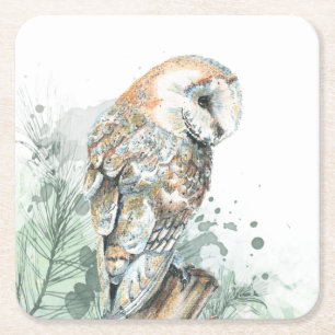 Waterverf Barn Owl Bird Wildlife Natuur Art Kartonnen Onderzetters