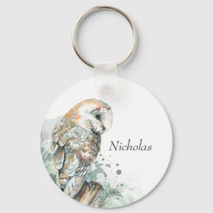 Waterverf Barn Owl Bird Wildlife Natuur Art Ke Sleutelhanger
