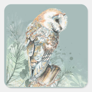 Waterverf Barn Owl Bird Wildlife Natuur Art Vierkante Sticker