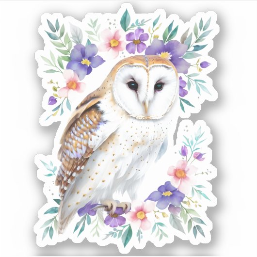 Waterverf Barn Owl Floral Portret Sticker (Voorkant)