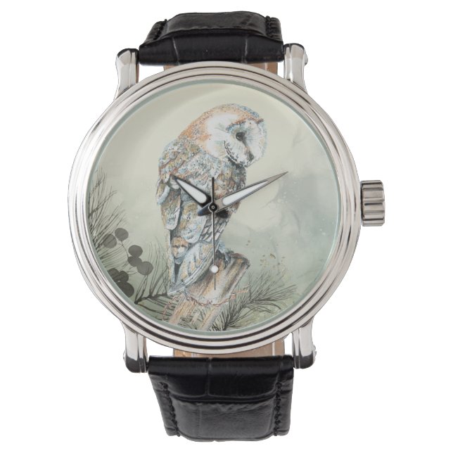 Waterverf Barn Owl in Tree Bird Art Watch Horloge (Voorkant)
