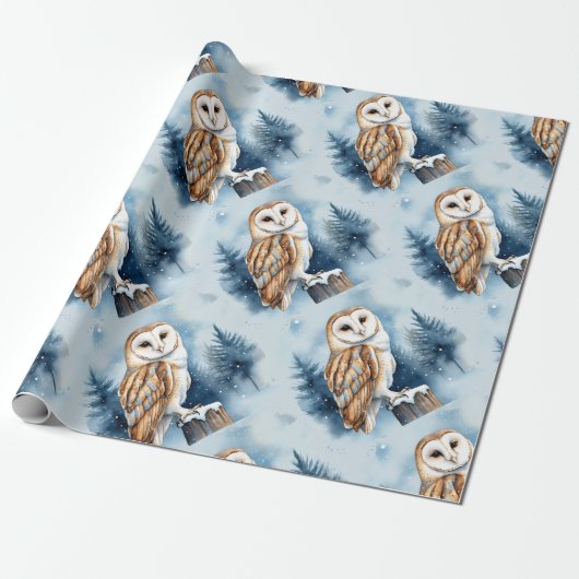 Waterverf Barn Owl Winter Sneeuwvlokken Cadeaupapier (Uitgerold)