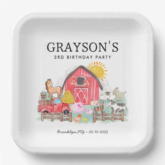 Waterverf Barnyard Dieren Kinder Boerderij Verjaar Papieren Bordje (Voorkant)