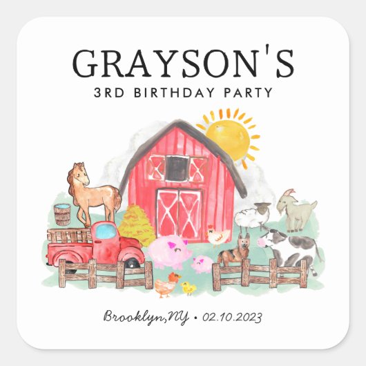 Waterverf Barnyard Dieren Kinder Boerderij Verjaar Vierkante Sticker (Voorkant)