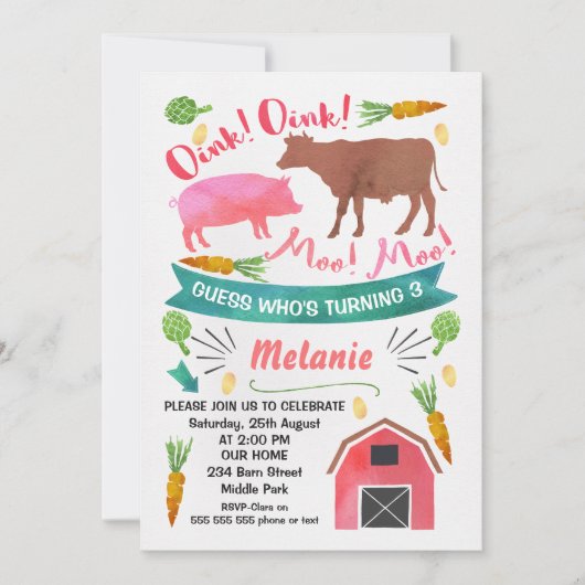 Waterverf Barnyard, Farmyard Birthday Uitnodiging (Voorkant)