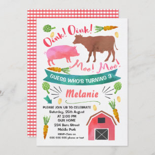 Waterverf Barnyard, Farmyard Birthday Uitnodiging