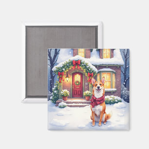 Waterverf Basenji Rijtjeshuis Kerstvakantie Magneet