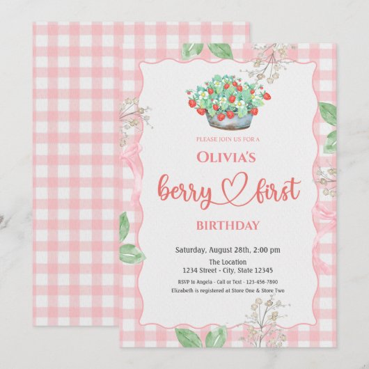 Waterverf Basket Aardbeien Zomer 1e Verjaardag Kaart (Voorkant / Achterkant)