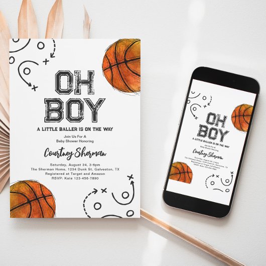 Waterverf Basketbal Baby shower Uitnodiging