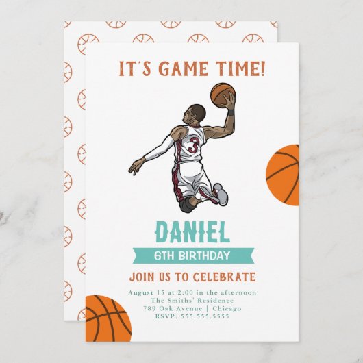 Waterverf Basketbal Verjaardagsuitnodiging Kaart (Voorkant / Achterkant)