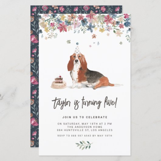 Waterverf Basset Hound Dog Birthday Uitnodiging (Voorkant / Achterkant)