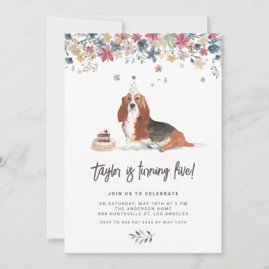  Waterverf Basset Hound Dog Verjaardagsfeestje Kaart (Voorkant)