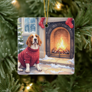 Waterverf Basset Hound Gezellige Open Haard Kerstm Keramisch Ornament