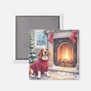 Waterverf Basset Hound Gezellige Open Haard Kerstm Magneet