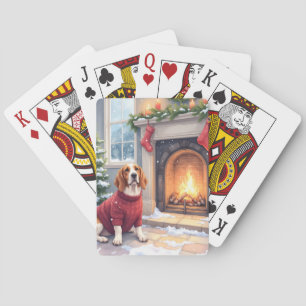 Waterverf Basset Hound Gezellige Open Haard Kerstm Pokerkaarten