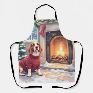 Waterverf Basset Hound Gezellige Open Haard Kerstm Schort