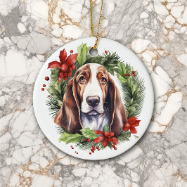 Waterverf Basset Hound Krans Kerstmis Keramisch Ornament