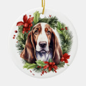 Waterverf Basset Hound Krans Kerstmis Keramisch Ornament (Voorkant)