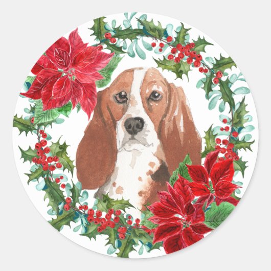 Waterverf Basset Hound Poinsettia Holiday Wreate Ronde Sticker (Voorkant)
