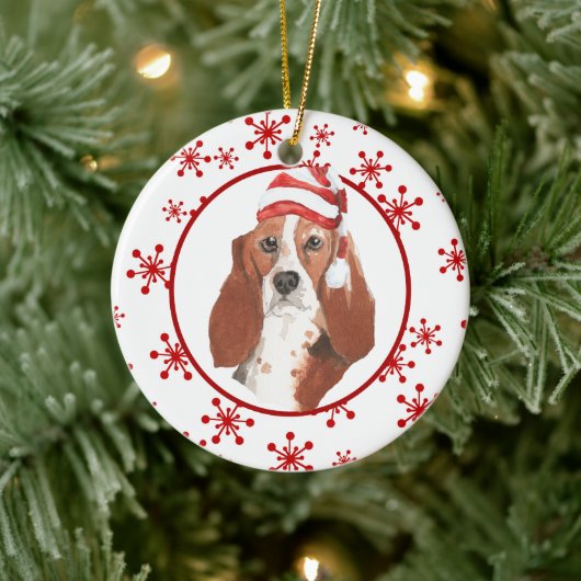 Waterverf Basset Hound Santa Hat Snowflake Keramisch Ornament (Boom)
