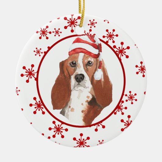Waterverf Basset Hound Santa Hat Snowflake Keramisch Ornament (Voorkant)