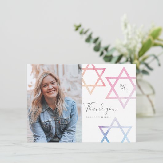 Waterverf Bat Mitzvah Foto bedankt Kaart (Staand voorkant)