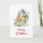 Waterverf Baubles en Lantern kerstgroet Feestdagen Kaart (Voorkant)