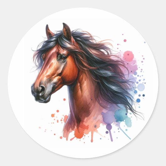 Waterverf Bay Horse Ronde Sticker (Voorkant)