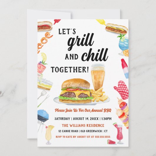 Waterverf BBQ Eten, Drinken & Desserts Party Kaart (Voorkant)
