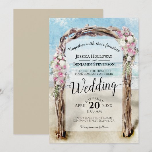 Waterverf Beach Arbor Roze & Wit Rozen Bruiloft Kaart (Voorkant / Achterkant)