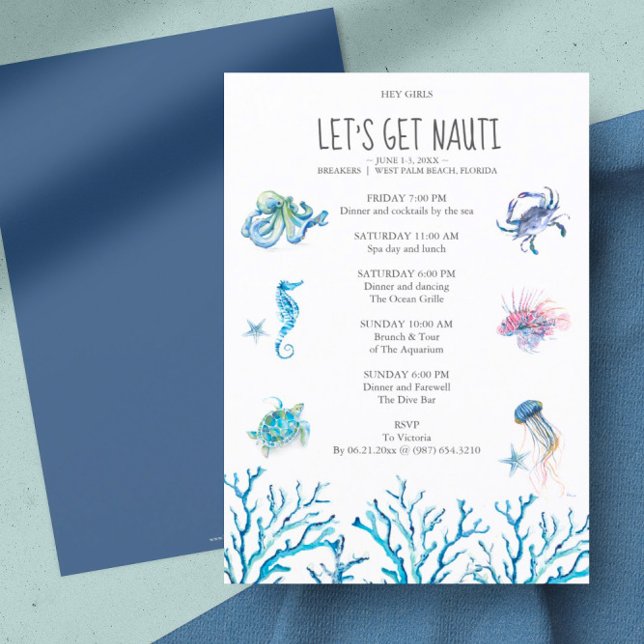 Waterverf Beach Bachelorette Party Itinerary (bachelorette party invitation beach watercolor art by Victoria Grigaliunas)