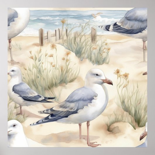 Waterverf Beach Bird Scene Poster (Voorkant)