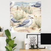 Waterverf Beach Bird Scene Poster (Thuiskantoor)