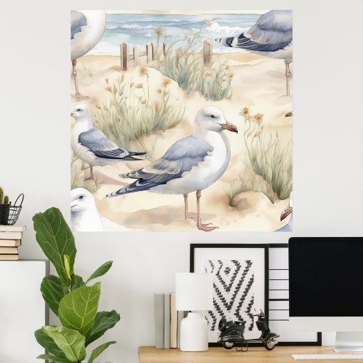 Waterverf Beach Bird Scene Poster (Thuiskantoor)