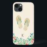 Waterverf Beach Botanische Teenslippers Case-Mate iPhone Case<br><div class="desc">Elegant waterverf tropisch eilandje botanische opgerolde teenslippers met bijbehorende grens,  gepersonaliseerd met initiaal,  zandbeige iPhone-case.</div>