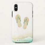 Waterverf Beach Botanische Teenslippers Case-Mate iPhone Case<br><div class="desc">Elegant waterverf tropisch eiland botanische opgerolde teenslippers met zandstrandaccent,  gepersonaliseerd met naam,  iPhone case.</div>