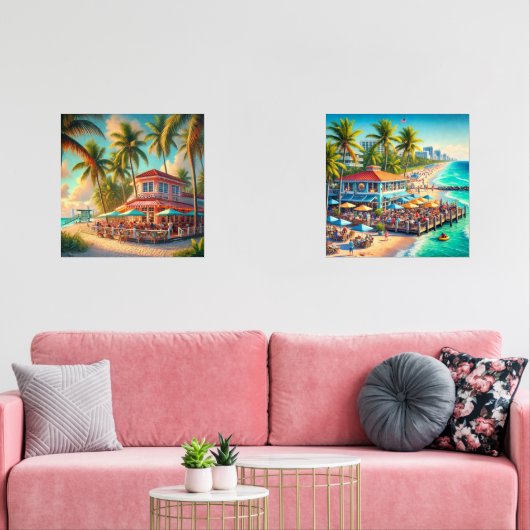Waterverf Beach Cafe Wall Art Set (Woonkamer)