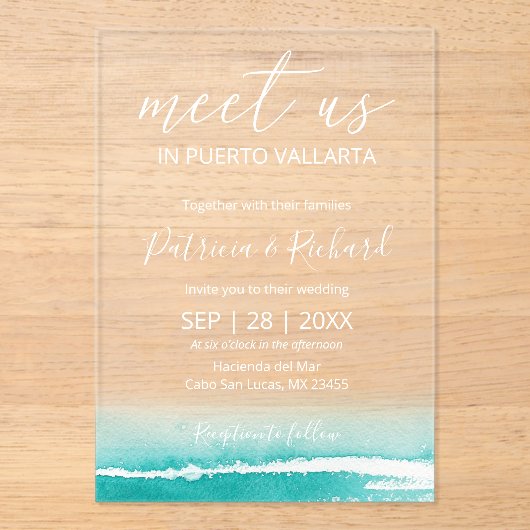 Waterverf Beach Caribbean Destination Wedding Acryl Uitnodigingen (Voorkant)