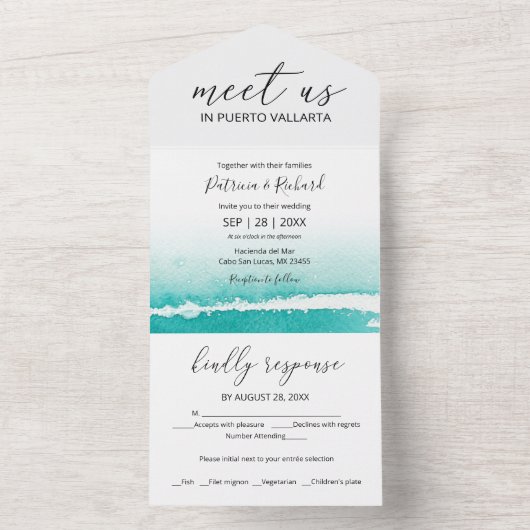 Waterverf Beach Caribbean Destination Wedding All In One Uitnodiging (Binnen)