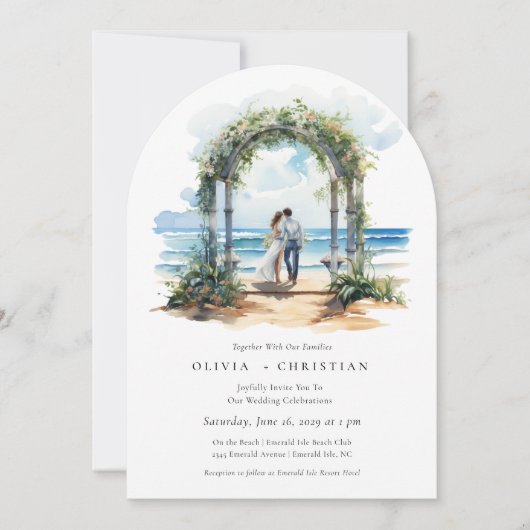 Waterverf Beach Coastal Arch Wedding Invitation Kaart (Voorkant)