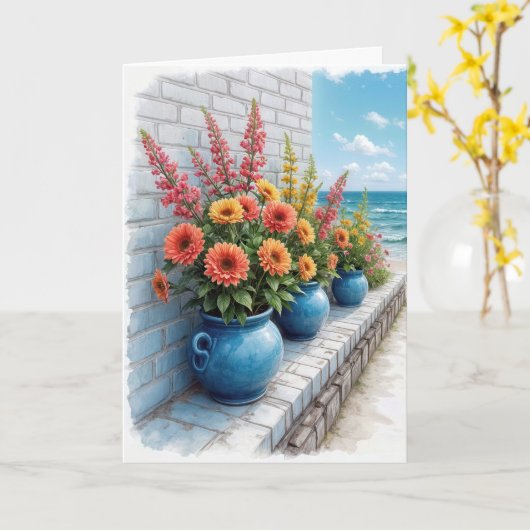 Waterverf Beach Dahlias Note Kaart (Gele Bloem)