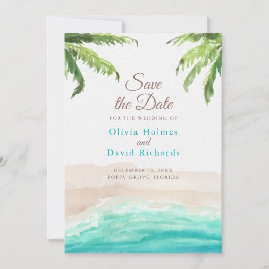 Waterverf Beach en palmbladeren sparen de datum Save The Date (Voorkant)