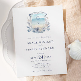 Waterverf Beach Monogram Crest Wedding Kaart