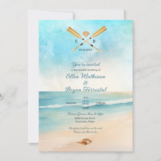 Waterverf Beach Oars bruiloft Kaart (Voorkant)