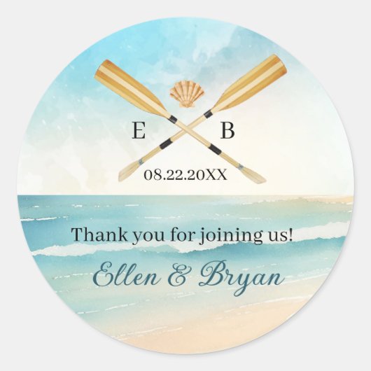 Waterverf Beach Oars bruiloft Ronde Sticker (Voorkant)